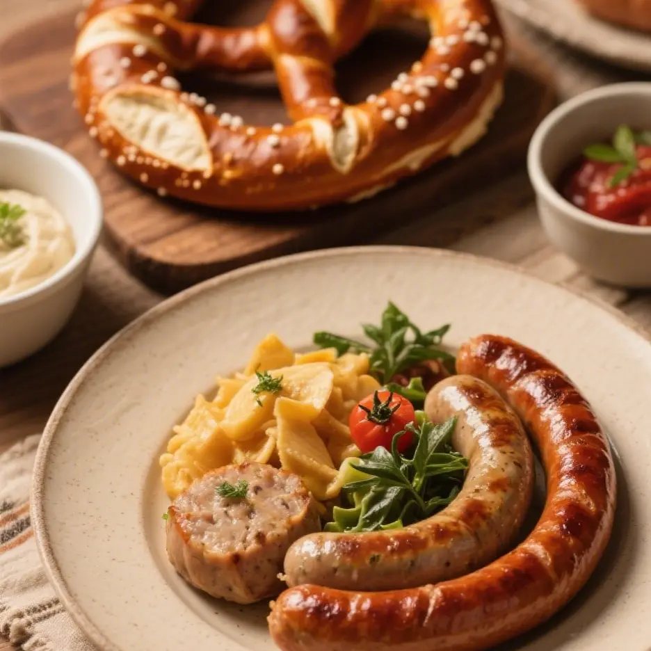 Gastronomie et traditions culinaires Repas traditionnel allemand avec bretzels et saucisses