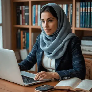 Étudiant pratiquant l’allemand chez soi avec un ordinateur et un carnet